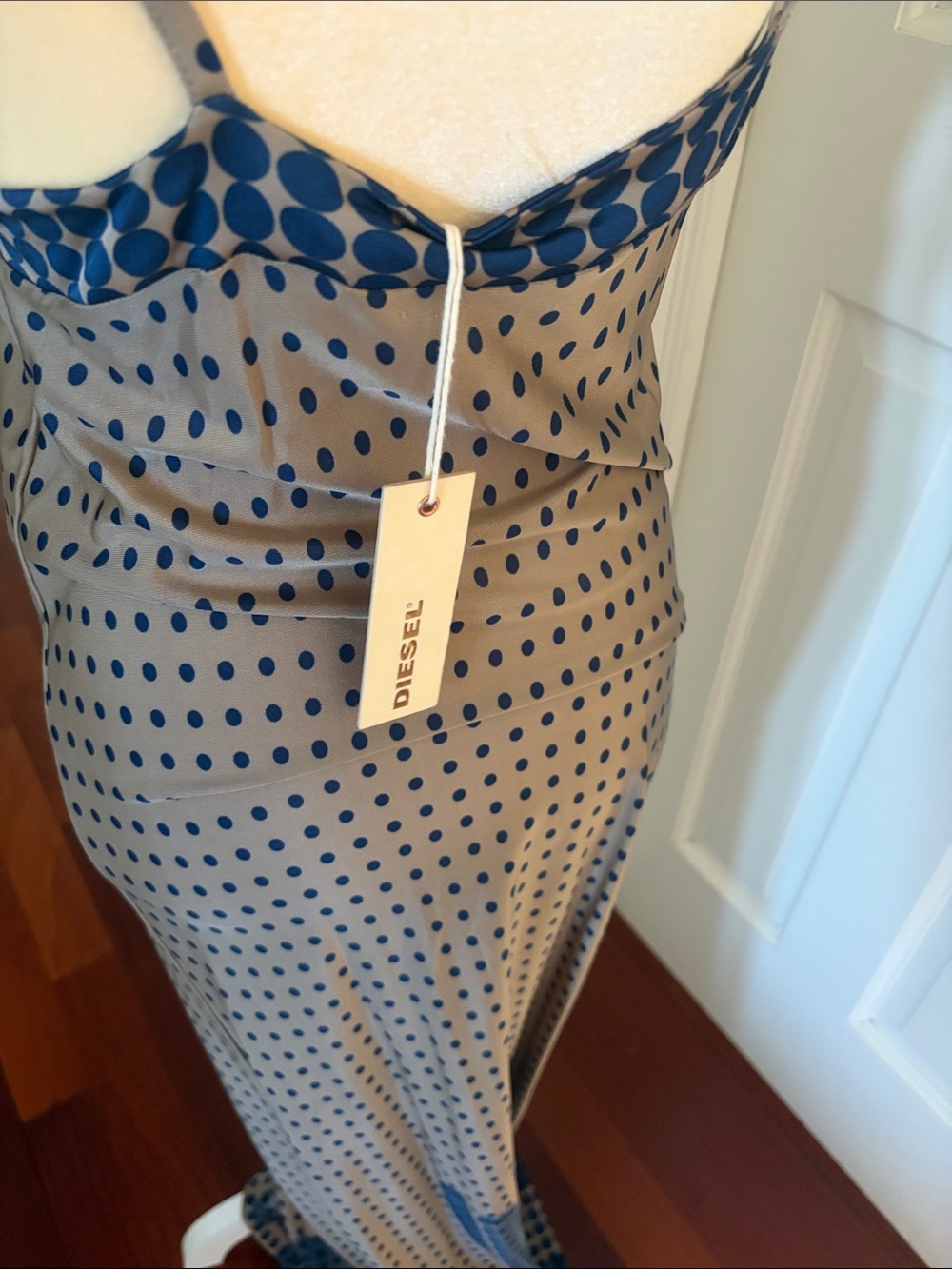 Diesel Taupe Satin Slip Dress with Navy Polka Dots - Picture 3 of 6